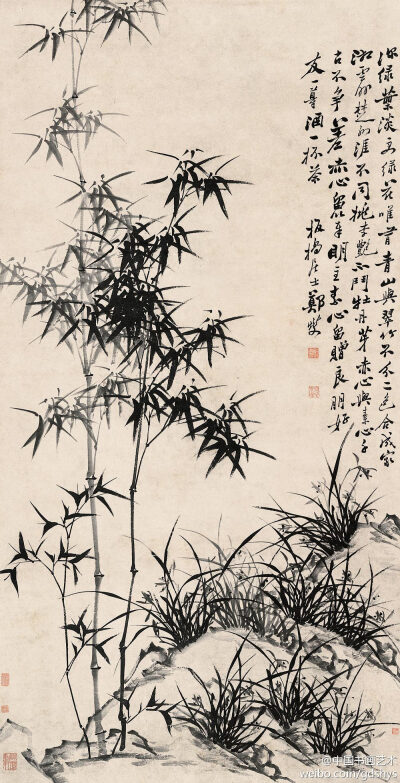 清 郑板桥 水墨纸本立轴 《竹石幽兰图》 --- "深绿叶淡更绿花,唯有
