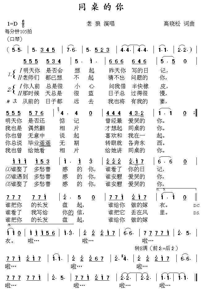 同桌的你钢琴数字简谱图片