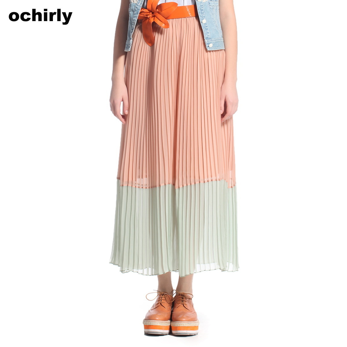 ochirly欧时力2012春季新款粉橙色撞色百褶雪纺长裙