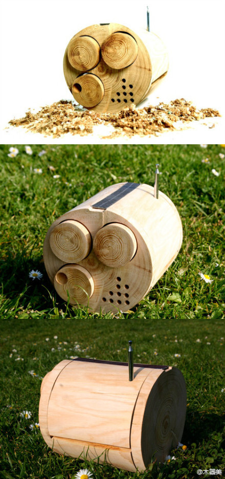 分享一款绿色环保产品——原木收音机:外光采用粗糙的橡木圆木做成