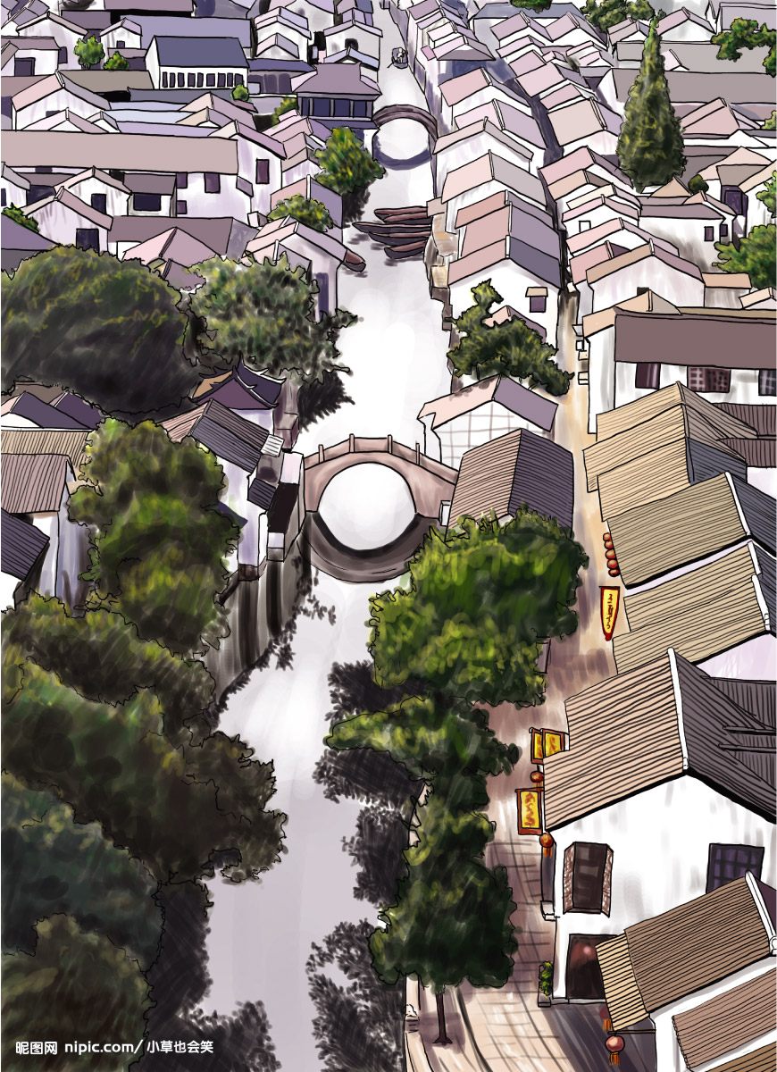手绘江南小镇