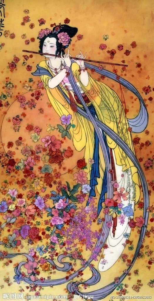 国画仕女图花女人女孩吹笛