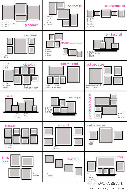 想把照片挂在墙上,你可以参考这些排列方式(如果照片非常多,其实最