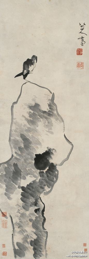 清 八大山人《孤禽图》--- 朱耷常借画比喻自己,象征人生.