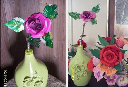 用易拉罐可以制作精美逼真的玫瑰花,带着翠绿的叶子,本身就是一枚精美