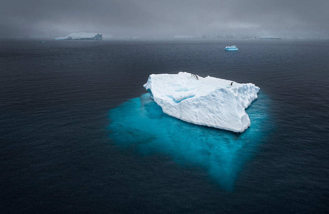 南极,企鹅们待在一座冰山上,等待一场即将来临的暴风雪