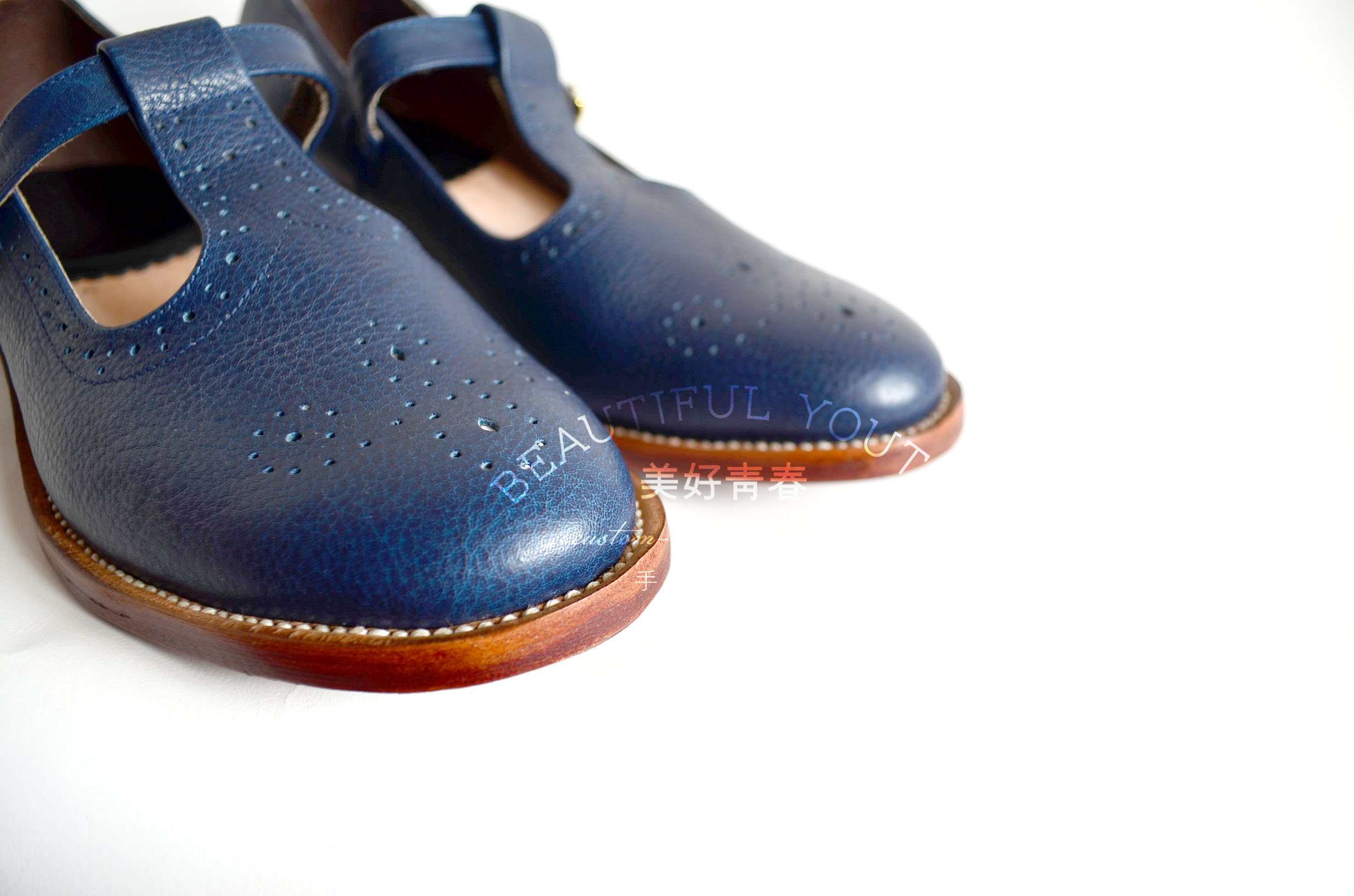 手工定制 复古 丁字 圆头 雕花 皮鞋