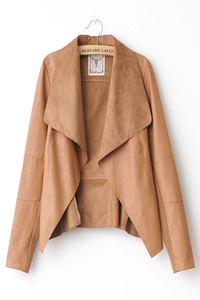 春装欧美风大翻领拼接pu皮机车夹克皮衣外套女