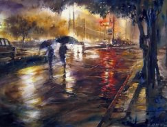 朦胧的城市雨景台湾林经哲水彩画作品
