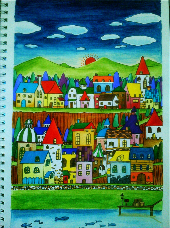 水彩童话小镇模仿日本画师junaida的画风