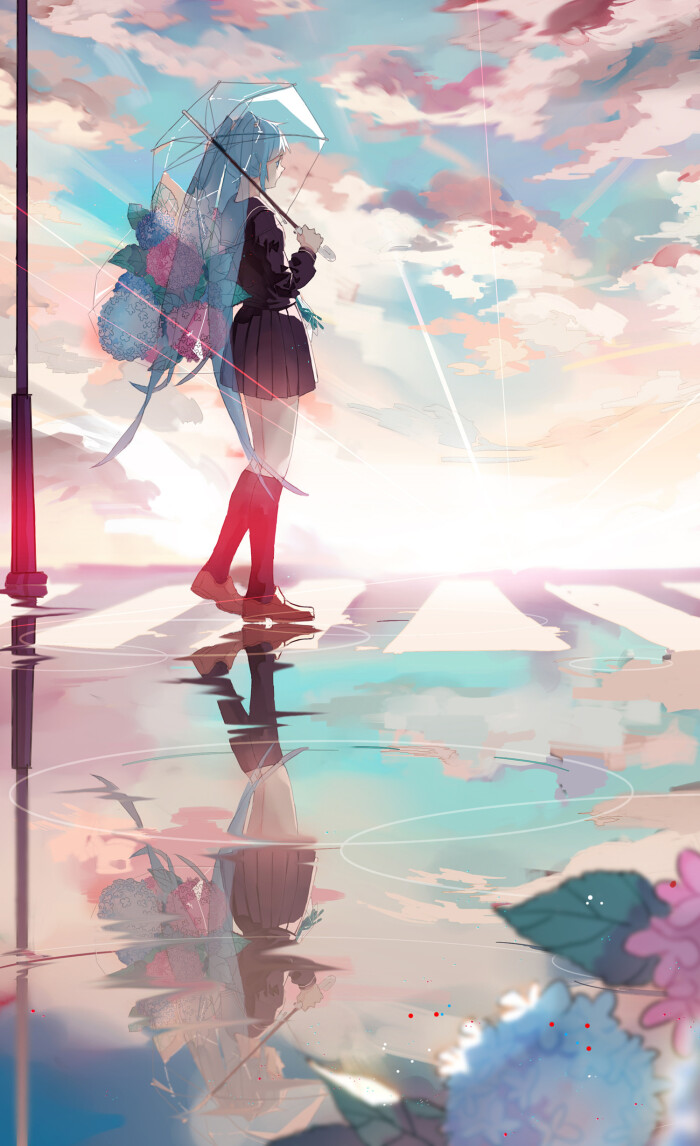 ametrin p站 二次元 原创 初音未来 雨伞云 倒影
