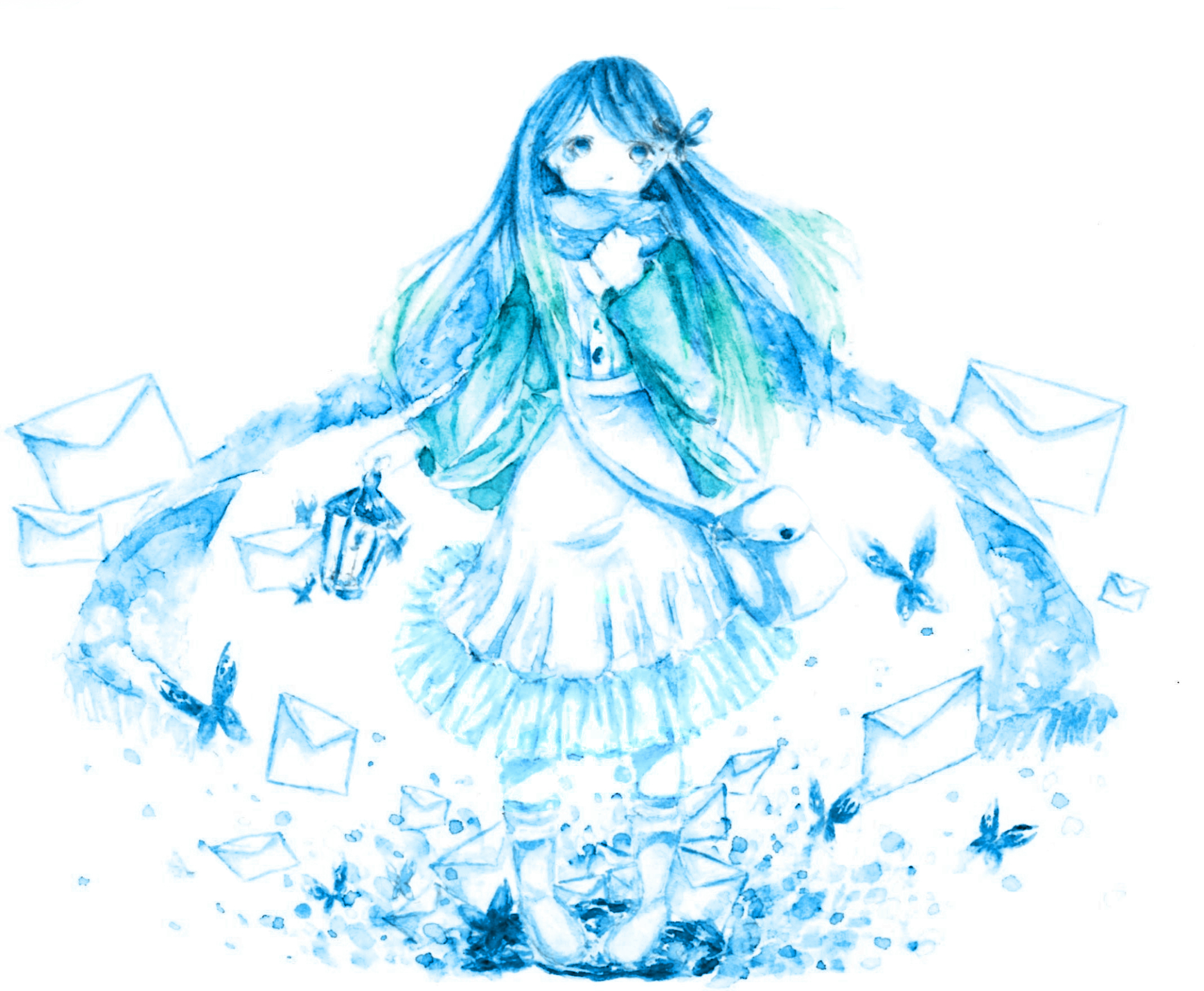 青い邮便屋 p站 二次元 插画 少女 手绘 透明水彩 原创 青