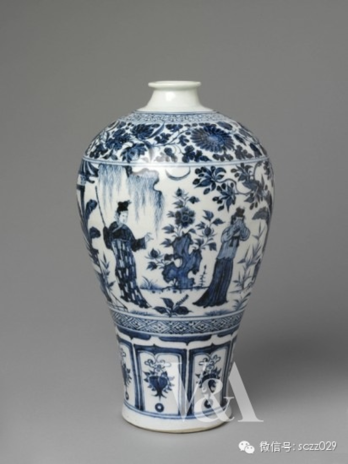 青花人物故事图梅瓶 中国江西景德镇 元;约1320—1350年 维多利亚与