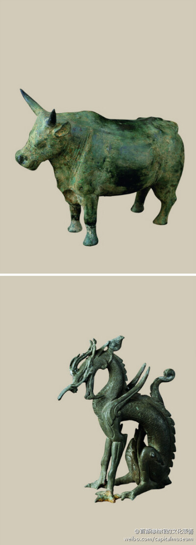 铜牛,铜坐龙:丰台区史思明墓出土的一组器物,首都博物馆藏铜牛高20
