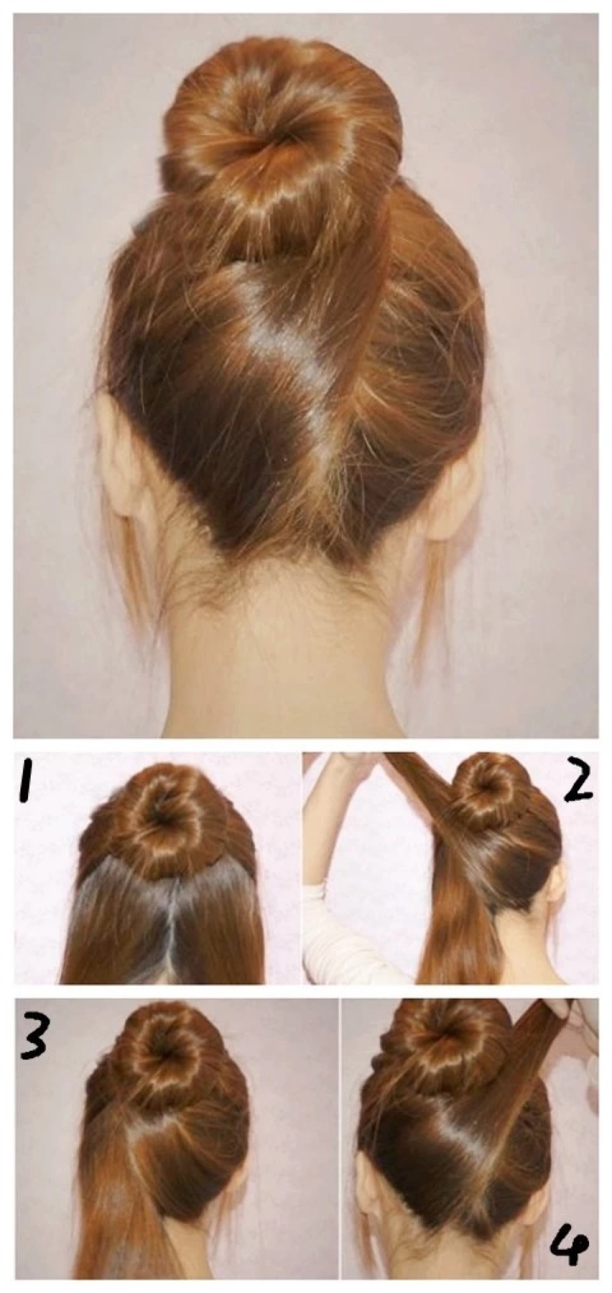 2 ,然后先将右边分好的发束往左边的方向绕,将右边的头发往左边提起