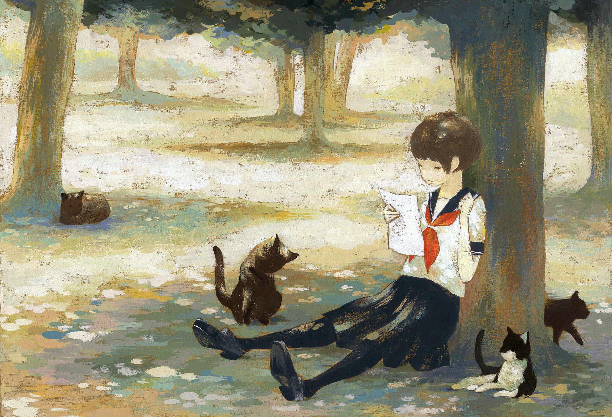 女孩和猫卡通壁纸图片