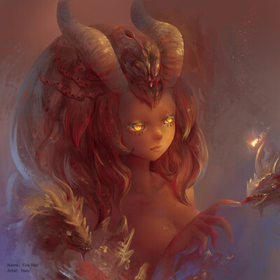 aesthetic melody_fire red 火的精灵,她有一堆蓬蓬的头发,长长的犄角
