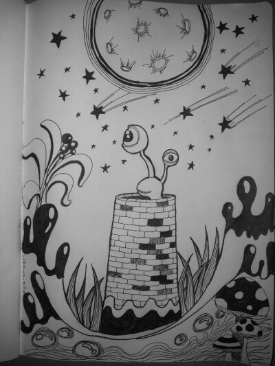 坐井观天,黑白装饰画,手绘