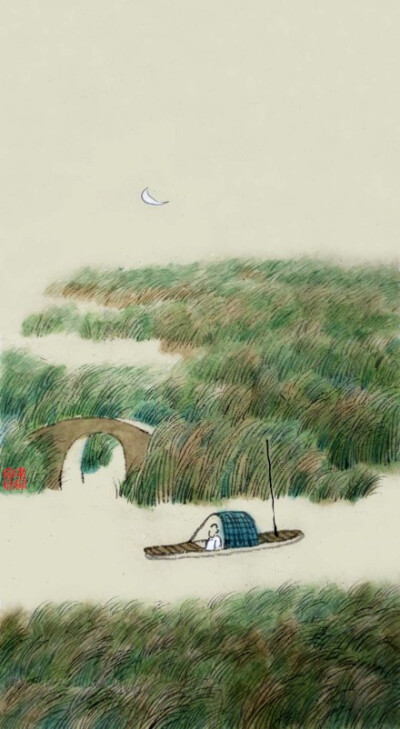 泊舟江湖深处,秋水蒹葭苍茫.只恨残月相伴,无你在我身旁.