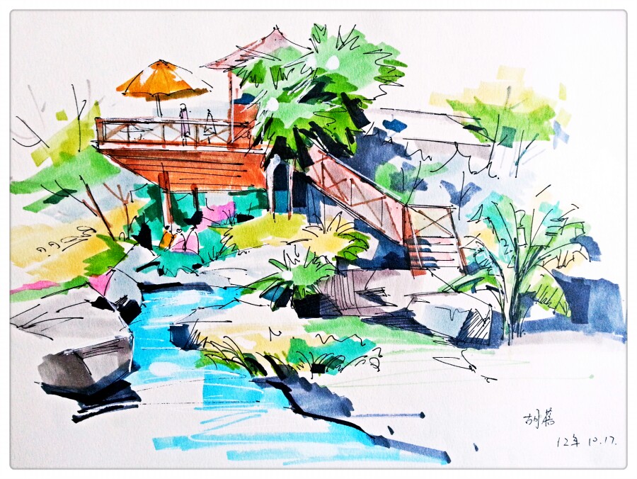 江畔景观手绘临摹
