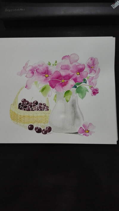 花瓶与水果 水彩画图片