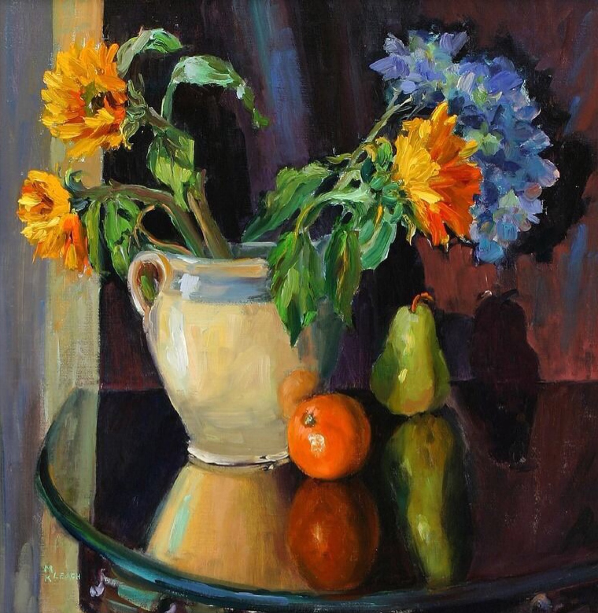 静物油画—水果边美丽的插花