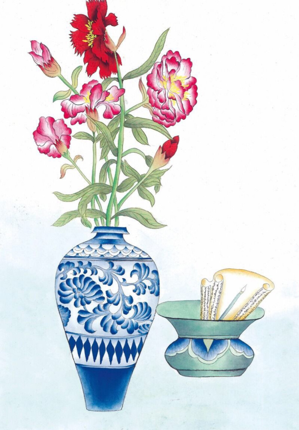 工笔画—青花瓷花瓶里的花朵和坛子里的纸张