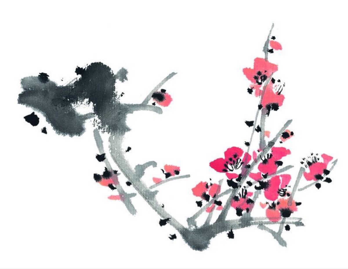 水墨画—树枝上美丽的红色梅花