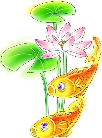 手绘彩色黄色鲤鱼和荷花