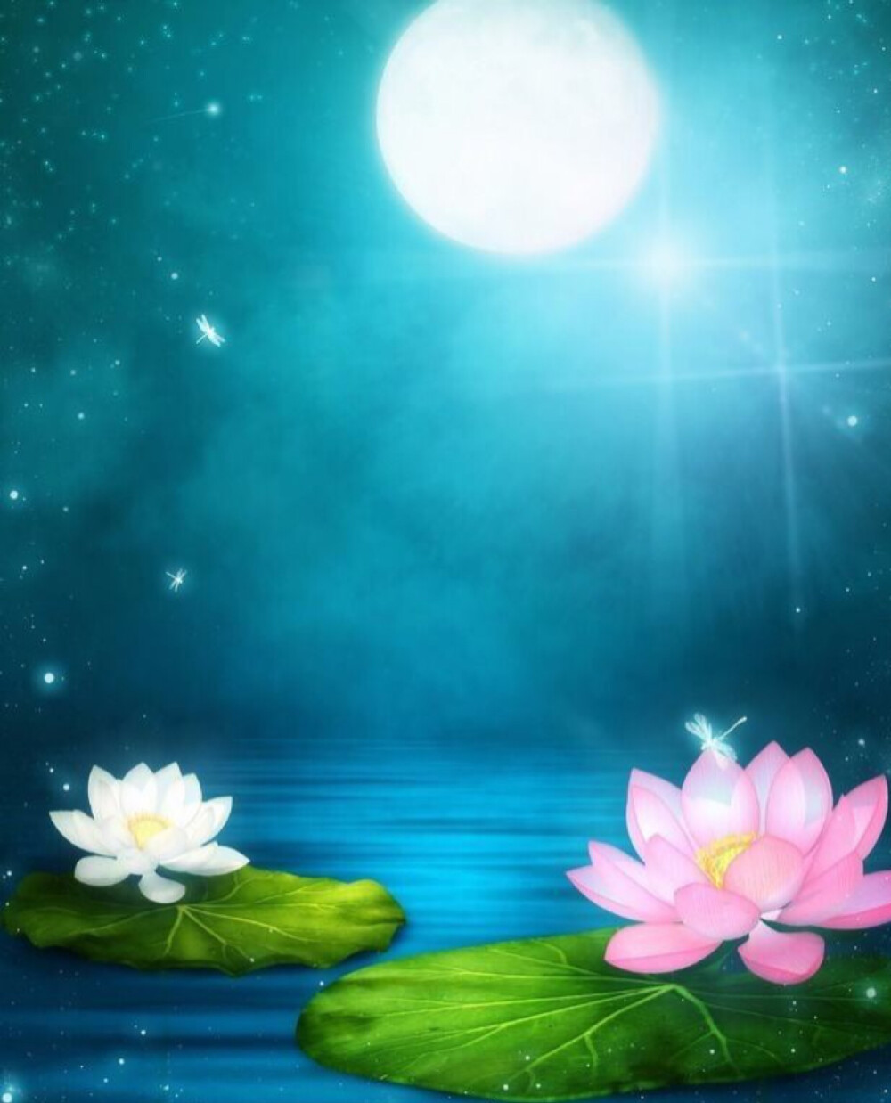 美丽梦幻月下荷花插画图片