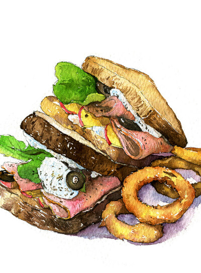 手绘水彩 美食食物 超厚三明治 插图插画