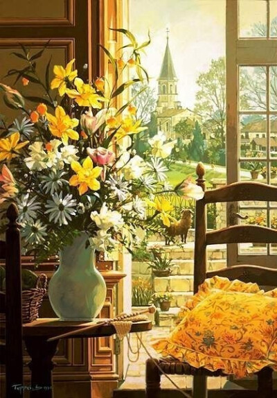 潇洒小姐【立于风中的elsa】欧式暖色调鲜花花束花瓶窗户远处楼房建筑