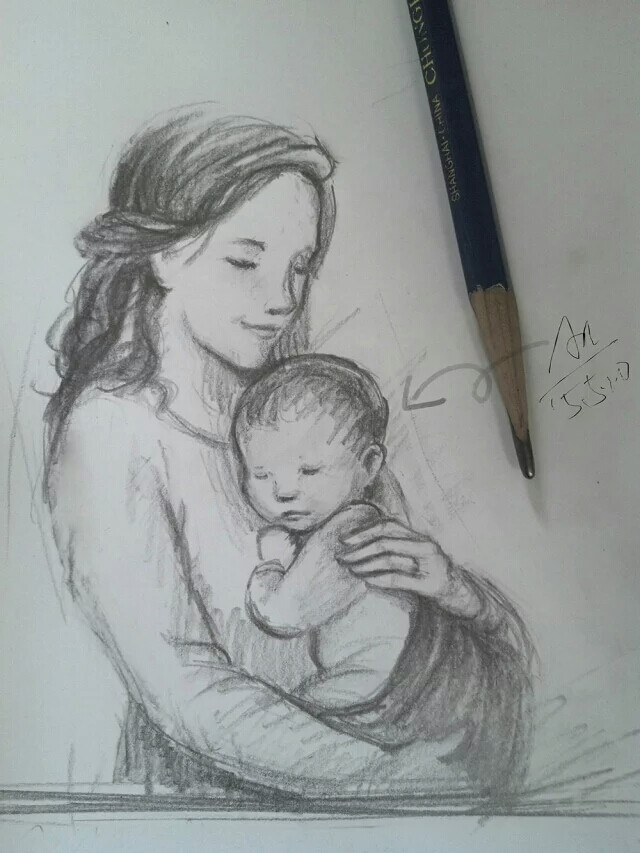 关于母爱的画素描画图片