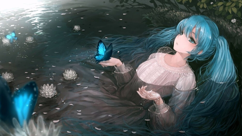 初音未来深色系miku黑莲花蓝蝴蝶黑湖