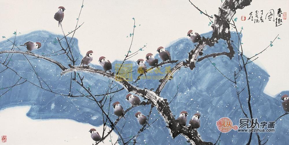 崔瑞鹿麻雀国画作品