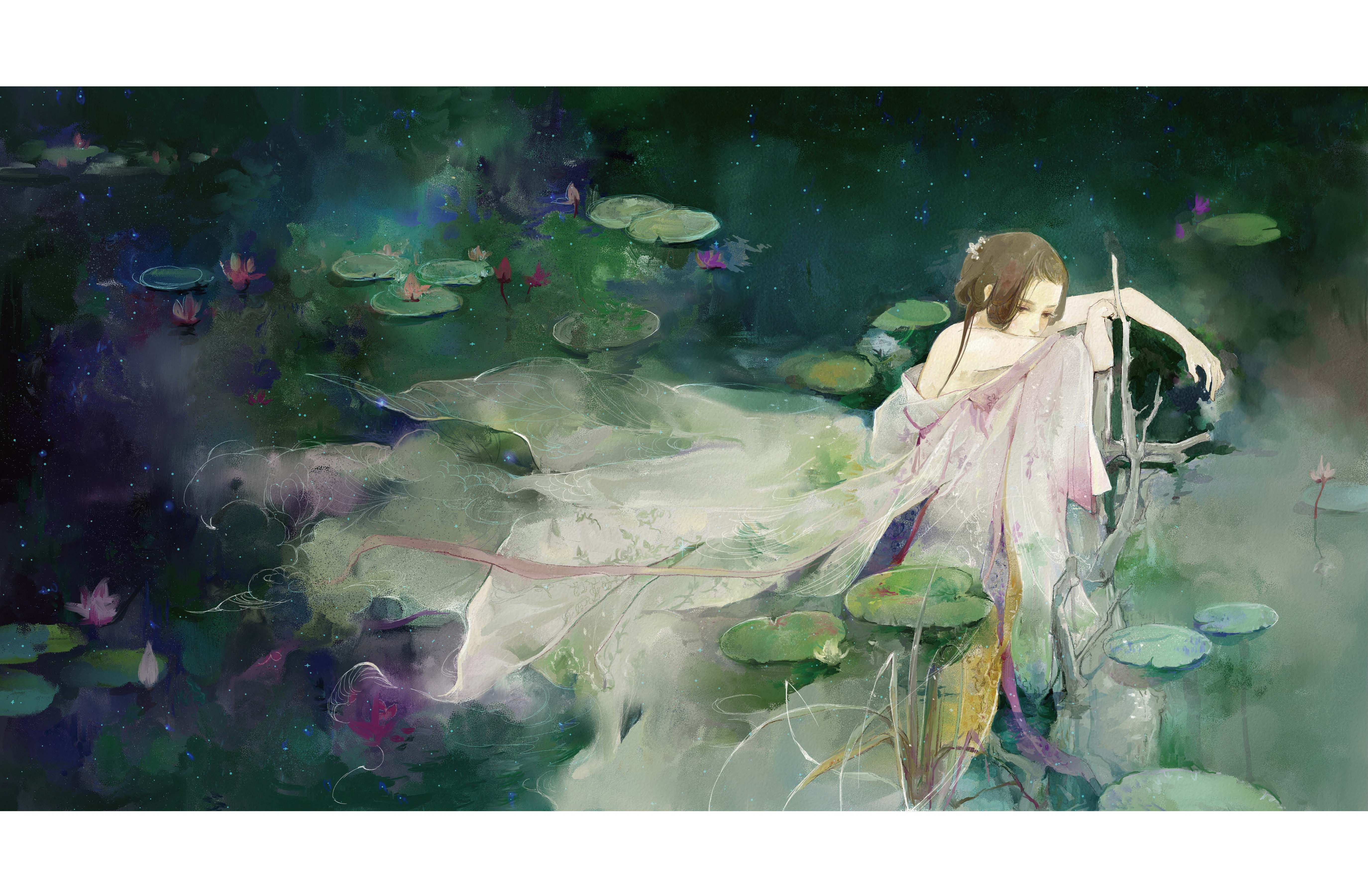 古风水彩手绘:《骨鸟》——白蛇