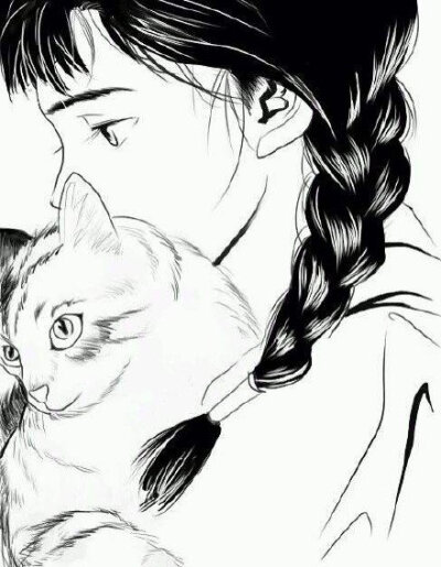 素描画猫咪女孩儿图片