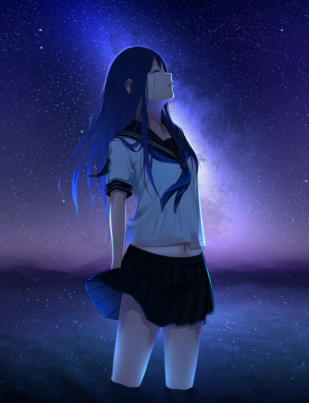 『星空银河下等你,你在那里吗 唯美,夜空,水手服