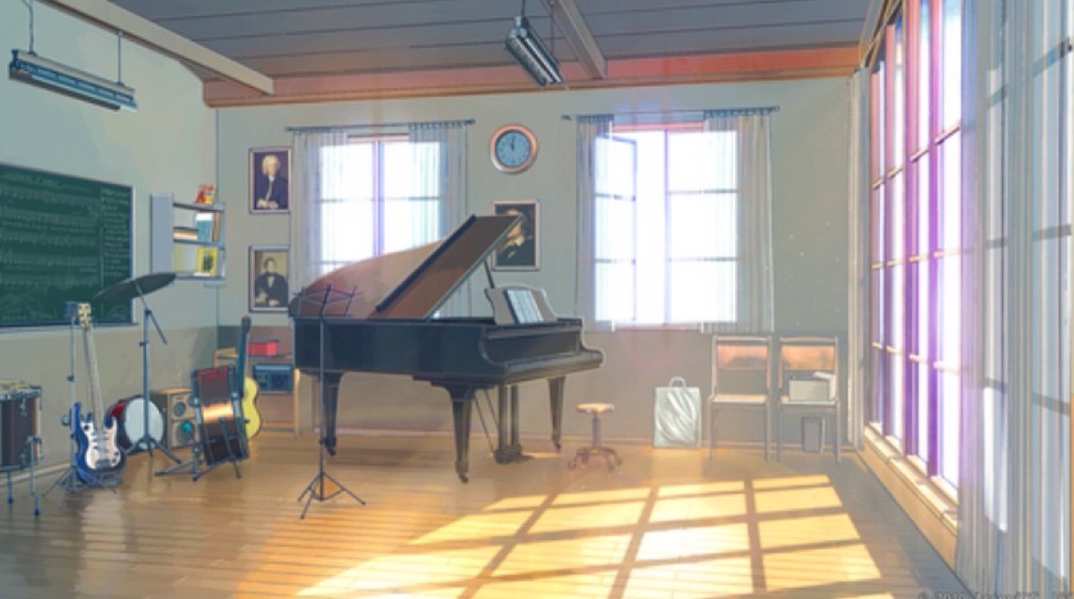 音乐室 阳光透过玻璃窗洒在木地板上
