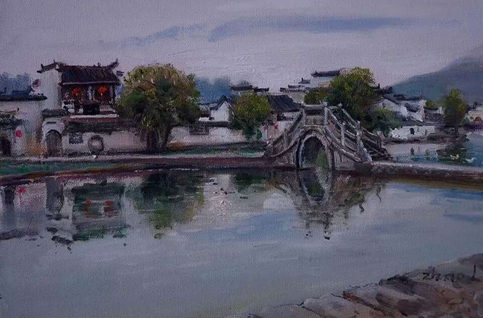 安徽宏村水粉画写生图片