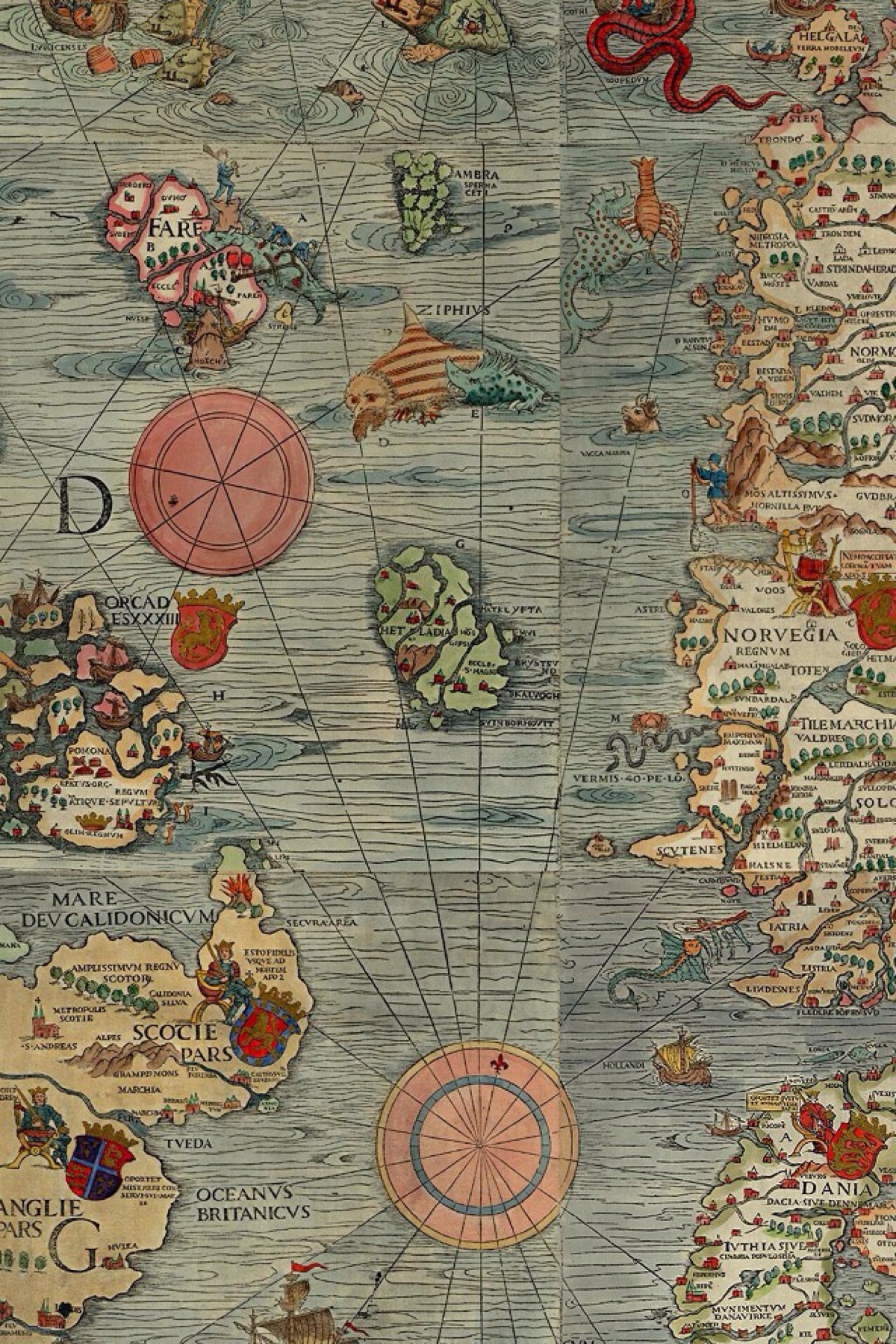 carta marina 海图:世界山第一幅绘有北欧五国的彩色地图,由瑞典神学