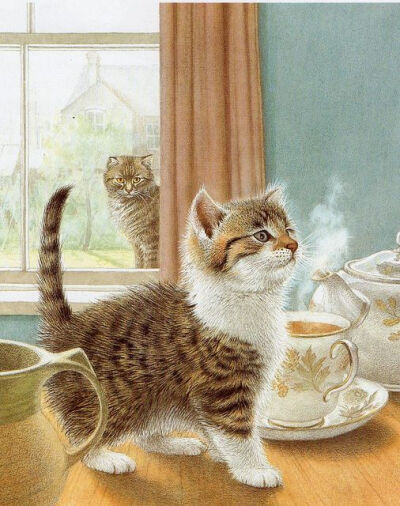 油画壁纸可爱卡通小猫图片