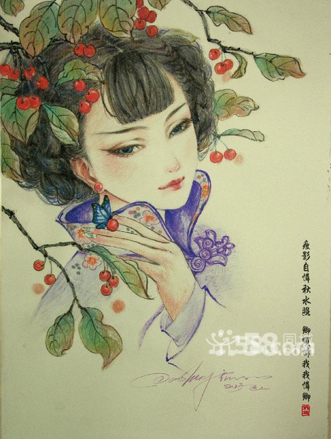 古风美女,彩铅画