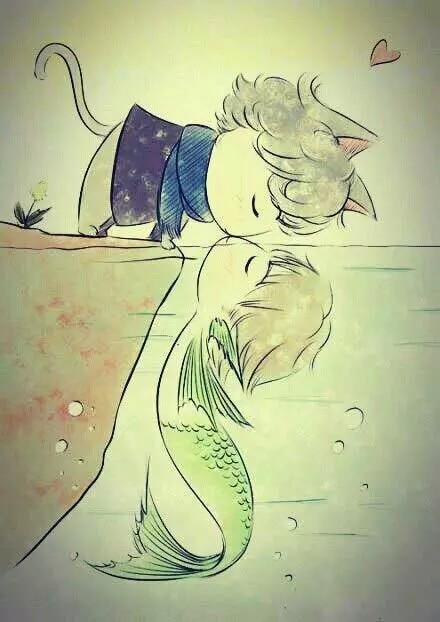 猫咪和小鱼的爱情故事手绘插画