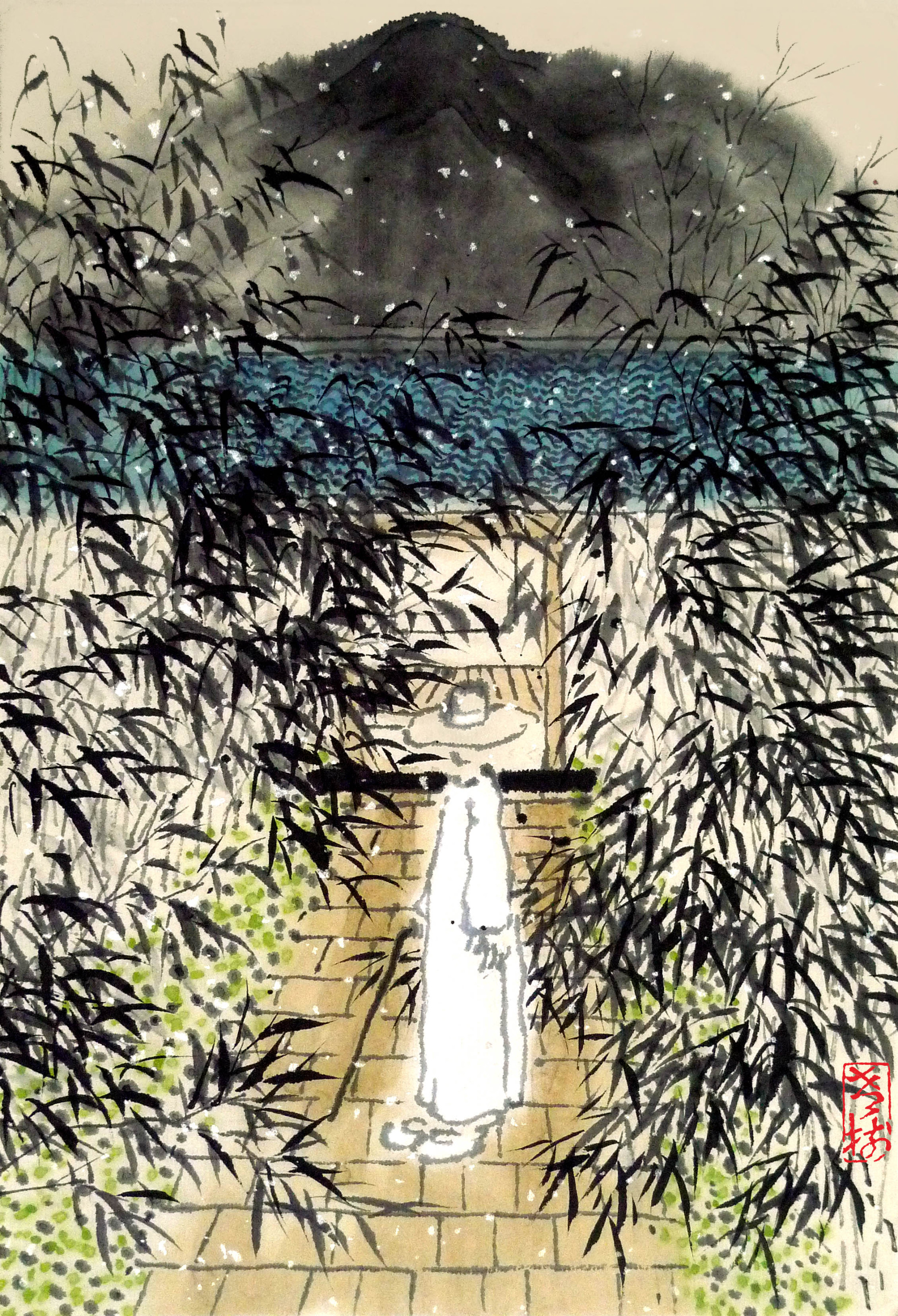 「 老树画画 」. 黄昏山雨后,庭下寂无声.徘徊乱竹下,不愿再回城.