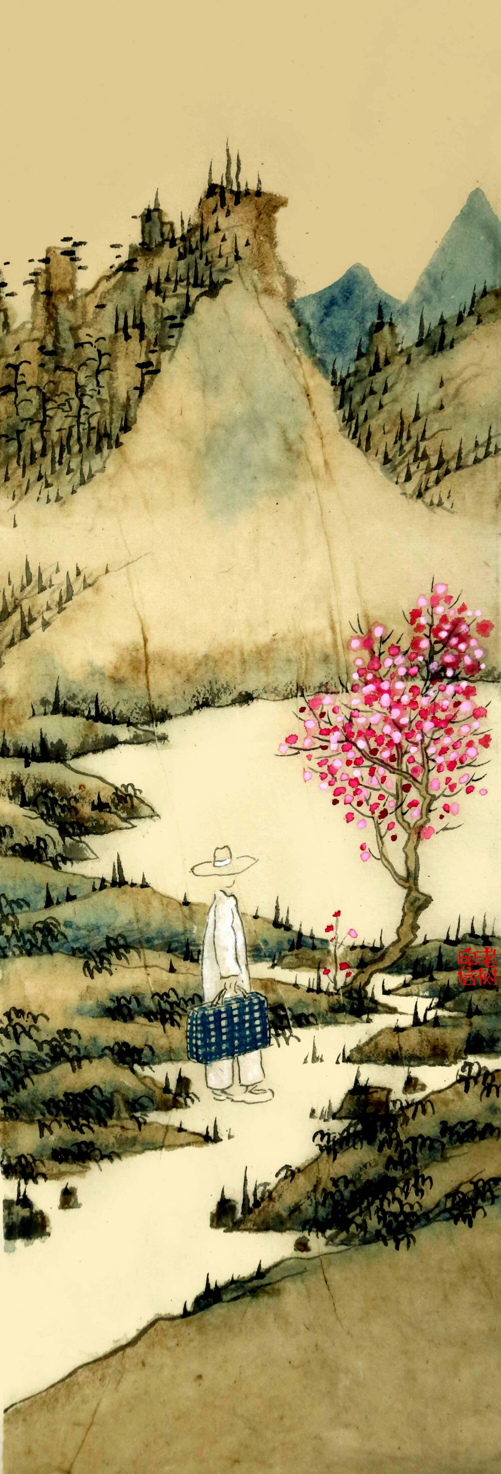 老树画画记得去年春深与你相依花树今年如约再来你说你在何处