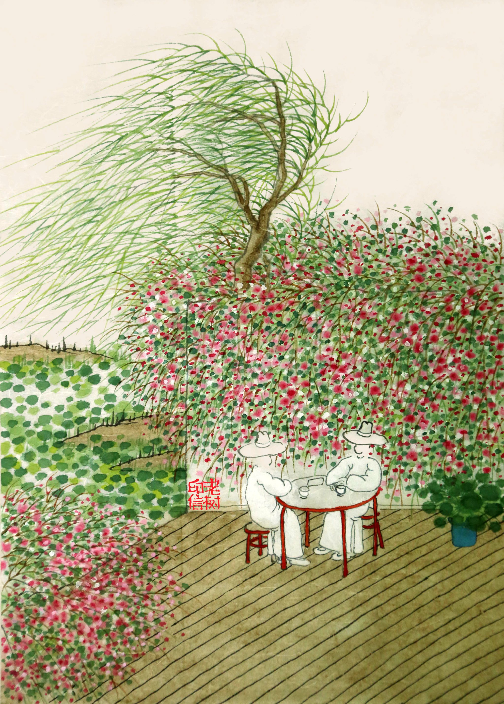 「 老树画画 」. 春风梳岸柳,花下喝新茶.世事有人管,你说我忙啥?