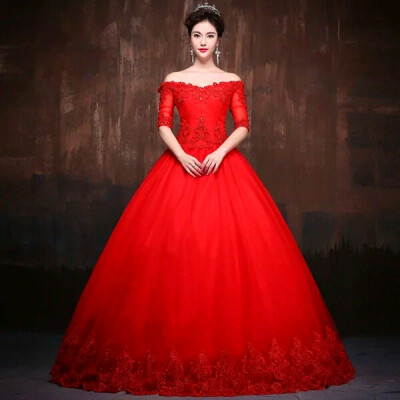 红色 蕾丝 新娘婚纱 蓬蓬裙