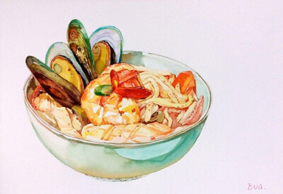 手绘水彩 美食食物 插图插画 涂鸦绘图 吃货福利 海鲜面 牡蛎 拉面