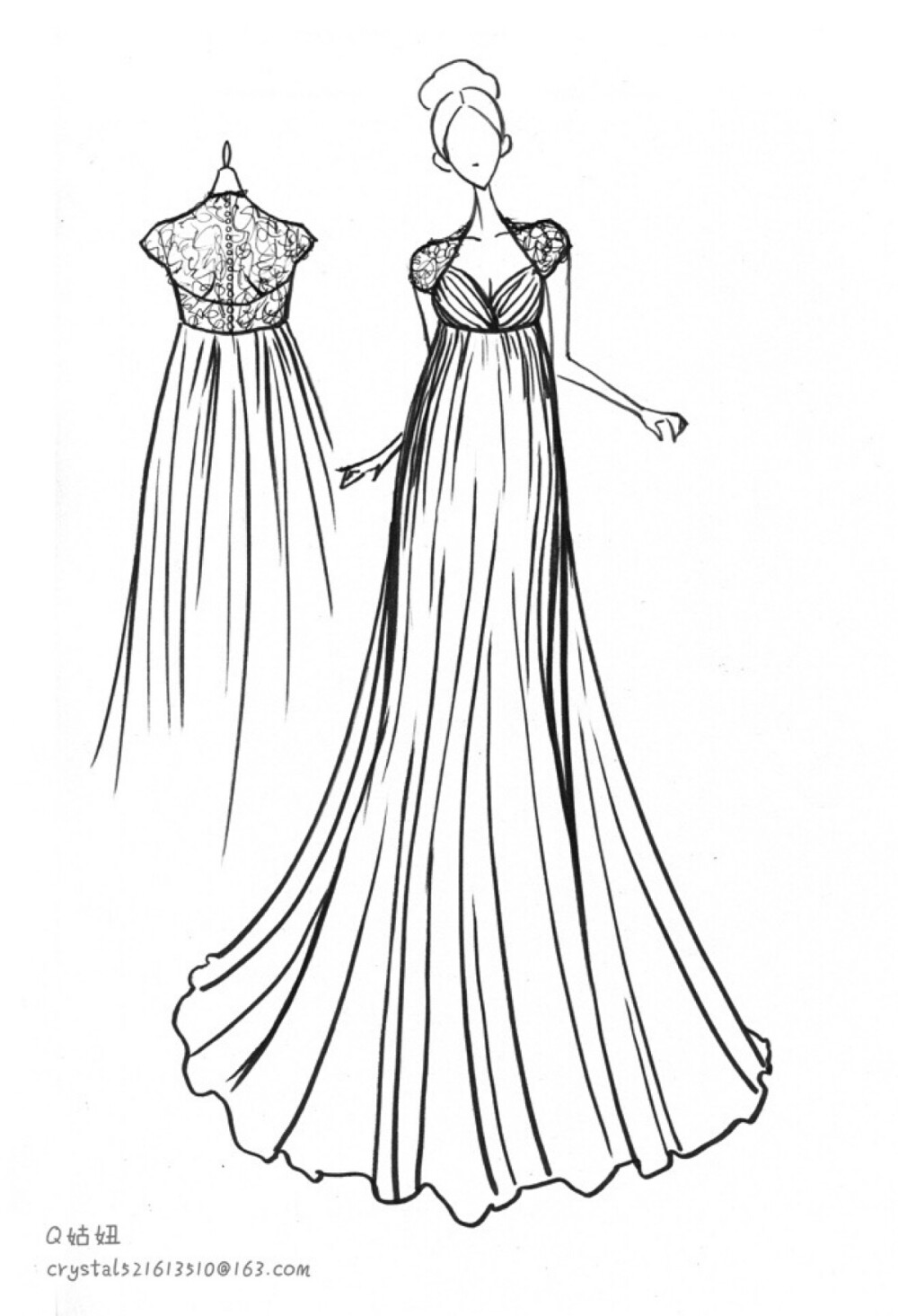 线条】手绘婚纱线稿,简单华丽|来自插画师q姑妞 手绘插画 婚纱礼服